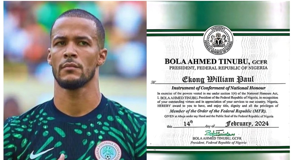 Former Super Eagles captain, William Troost-Ekong receives national honour certificate from President Tinubu