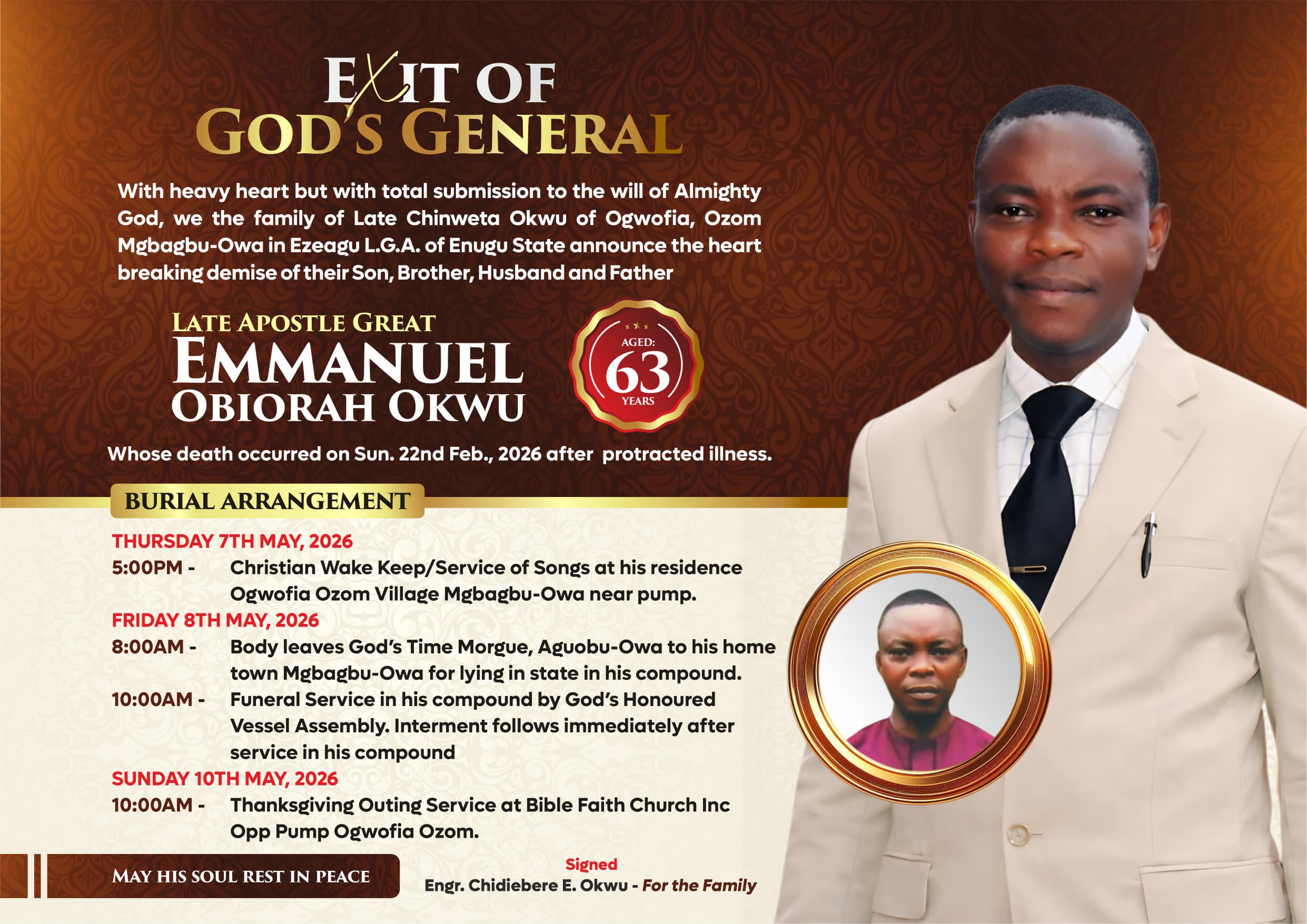 Apostle Great Emmanuel Obiorah Okwu Passes Away at 63; Funeral Date Announced