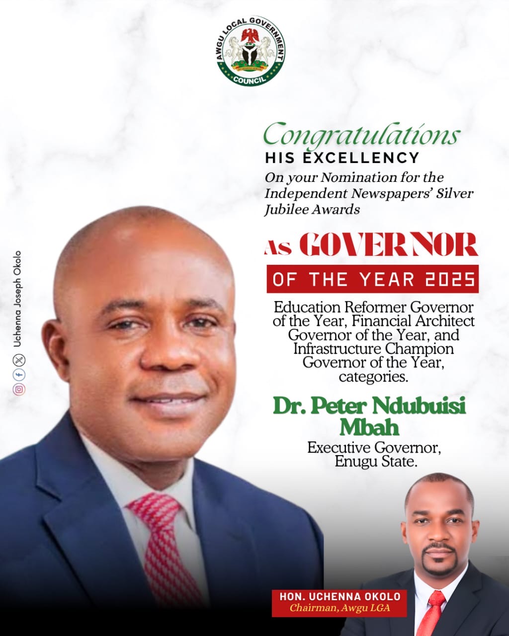 Award of Excellence: Chairman Okolo Celebrates Gov. Mbah’s National Recognition as a True Game Changer in Governance