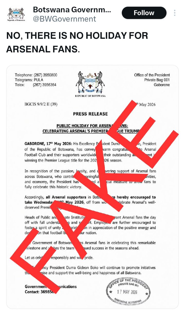 Botswana Government denies declaring public holiday for Arsenal fans after Premier League win