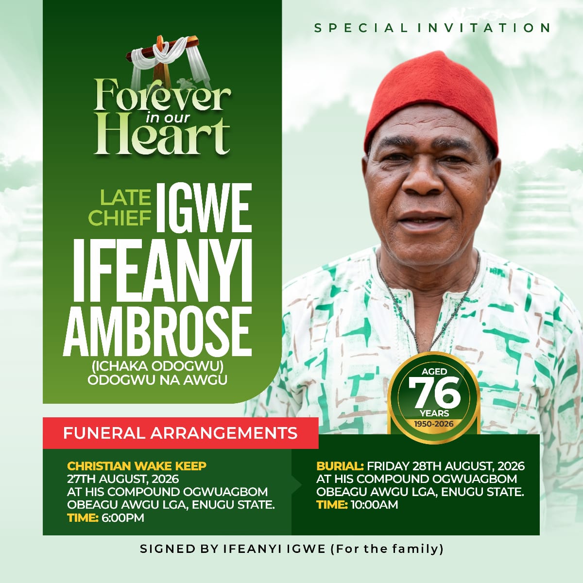 A life Well lived: Funeral Rites Announced for Late Chief Igwe Ifeanyi Ambrose
