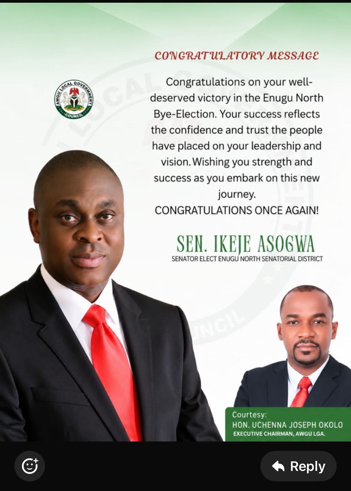“A Clear People’s Verdict” — Awgu Chairman Okolo Hails Asogwa’s Landslide Win