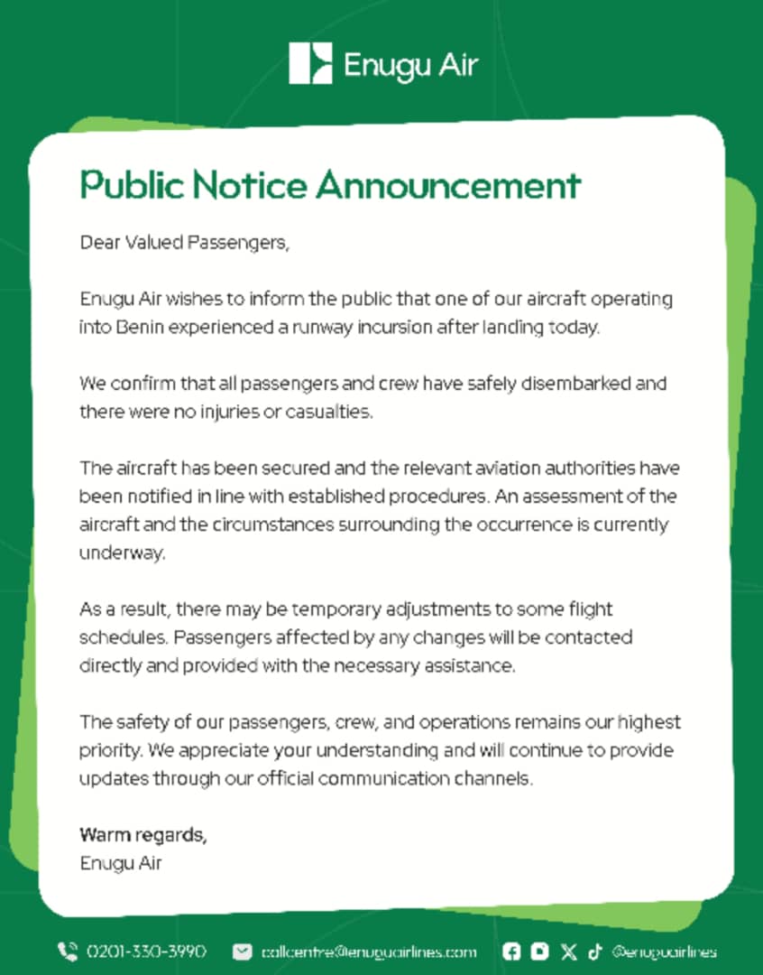 Enugu Air Confirms Runway Incident in Benin, Says All Passengers and Crew Are Safe