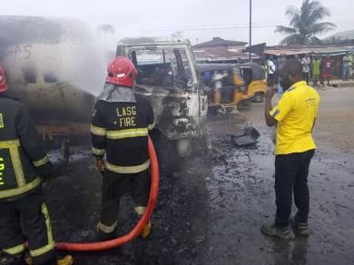 Driver Loses Control as Gas Tanker Erupts in Flames in Lagos
